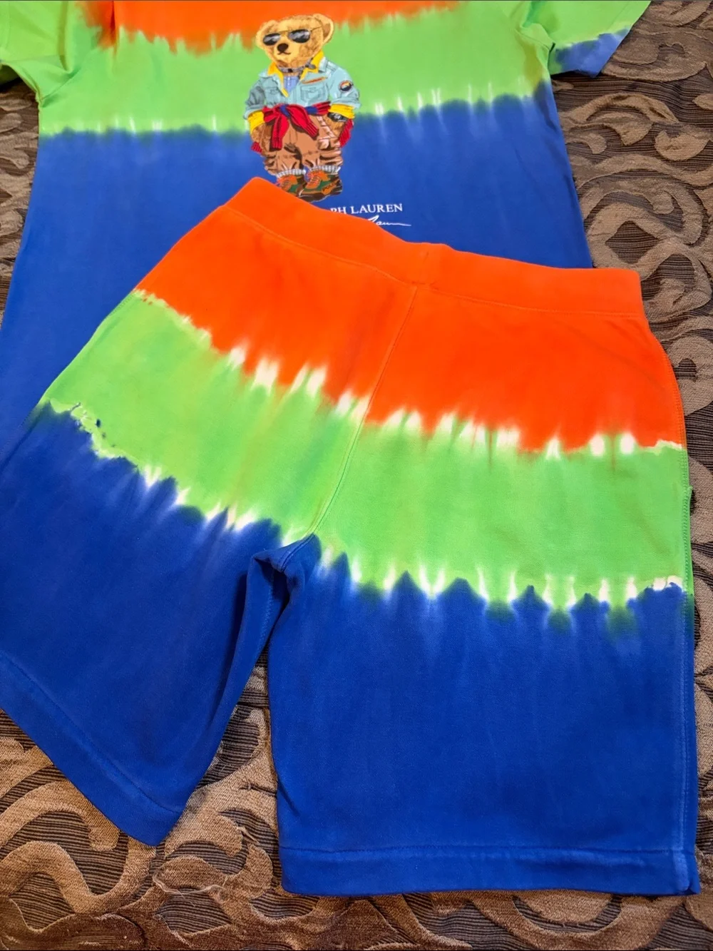 Ralph Lauren Tie-Dye Polo Bear Tee & Shorts set - Orange, Green, Blue